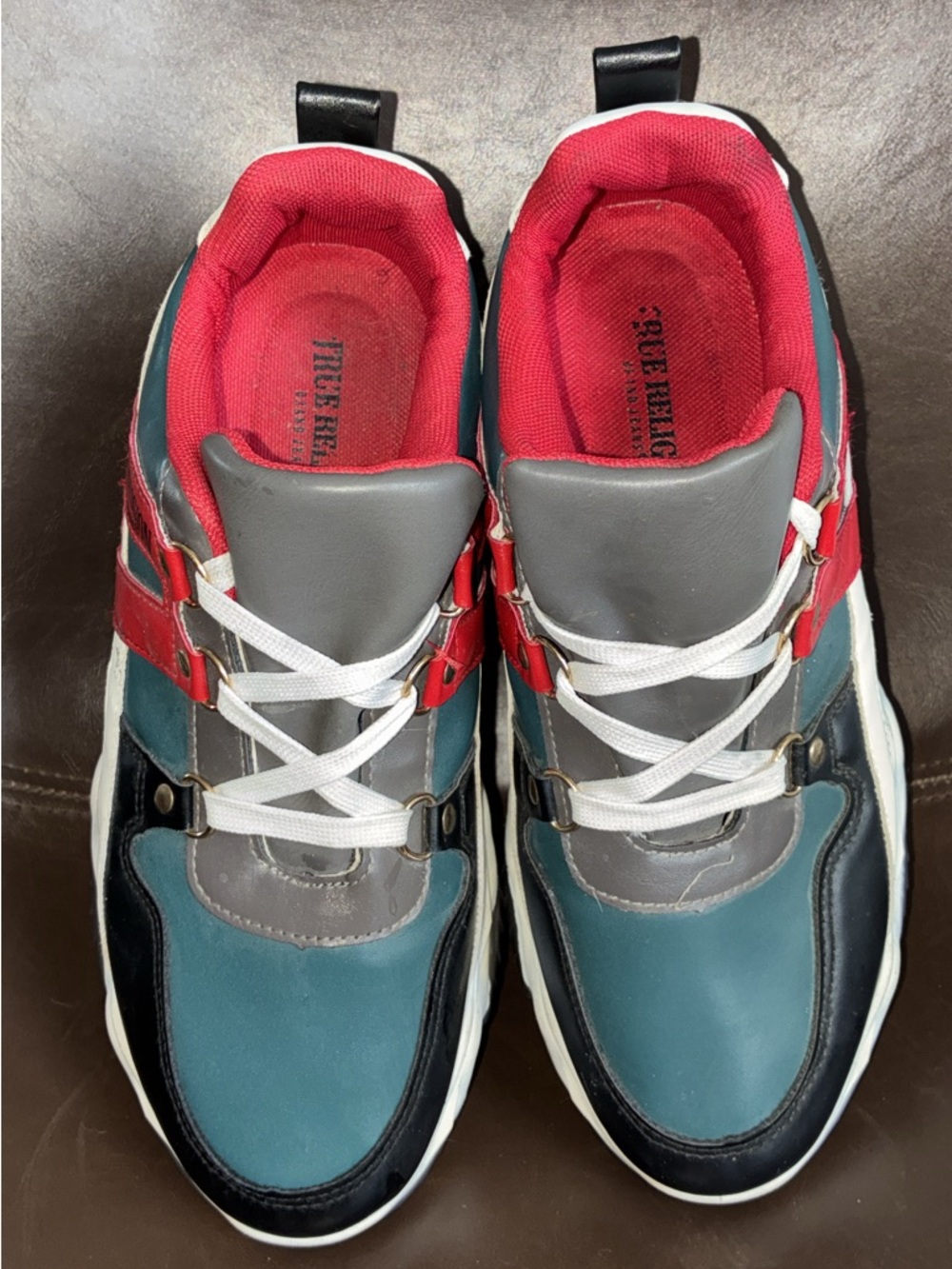 True Religion Men's Multi-Panel Athletic Sneakers in Teal, Red & Gray